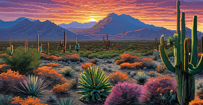 A panoramic view of Tucson's Sonoran Desert at sunset with silhouetted saguaro cacti and colorful sky.