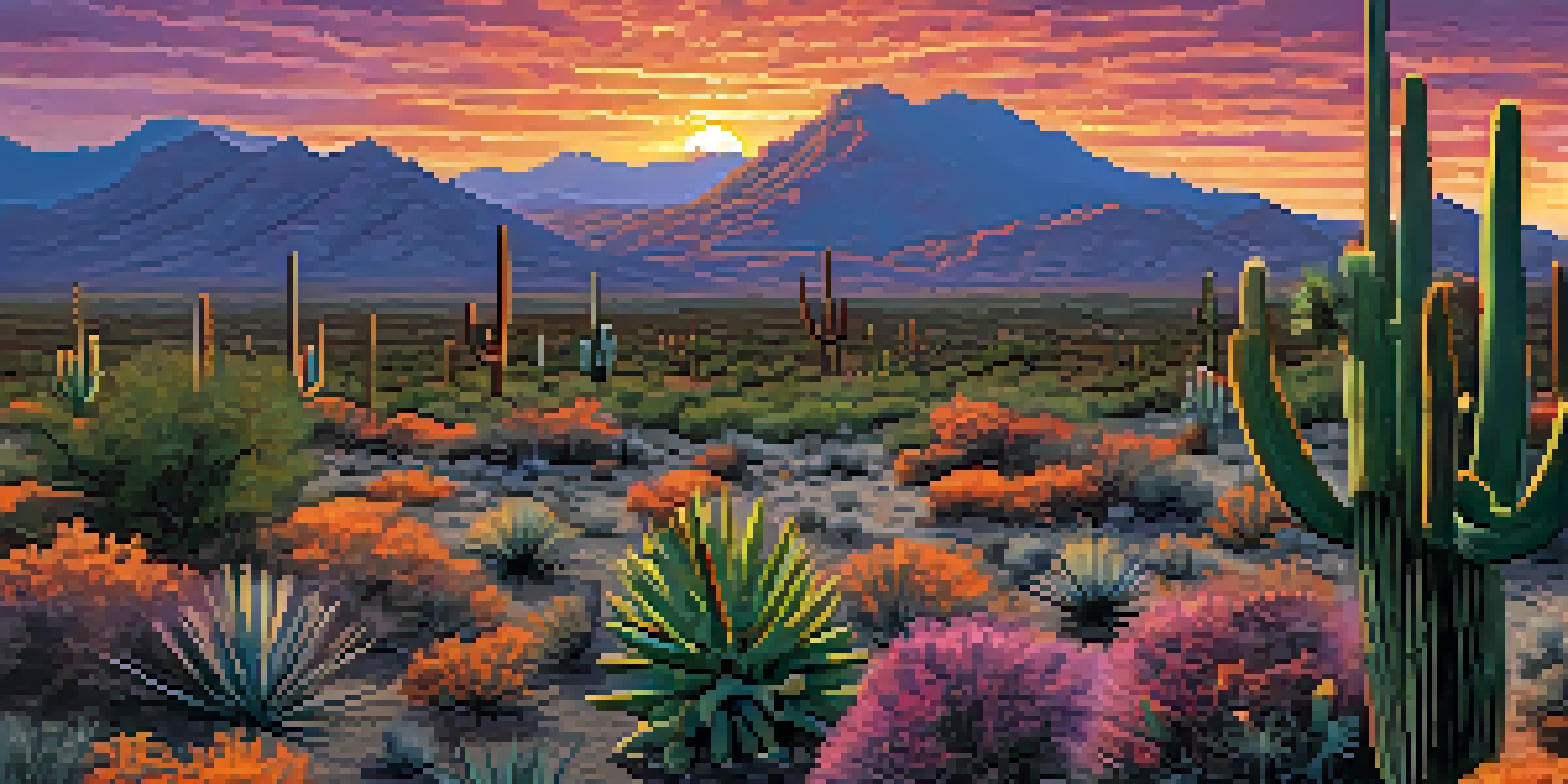 A panoramic view of Tucson's Sonoran Desert at sunset with silhouetted saguaro cacti and colorful sky.