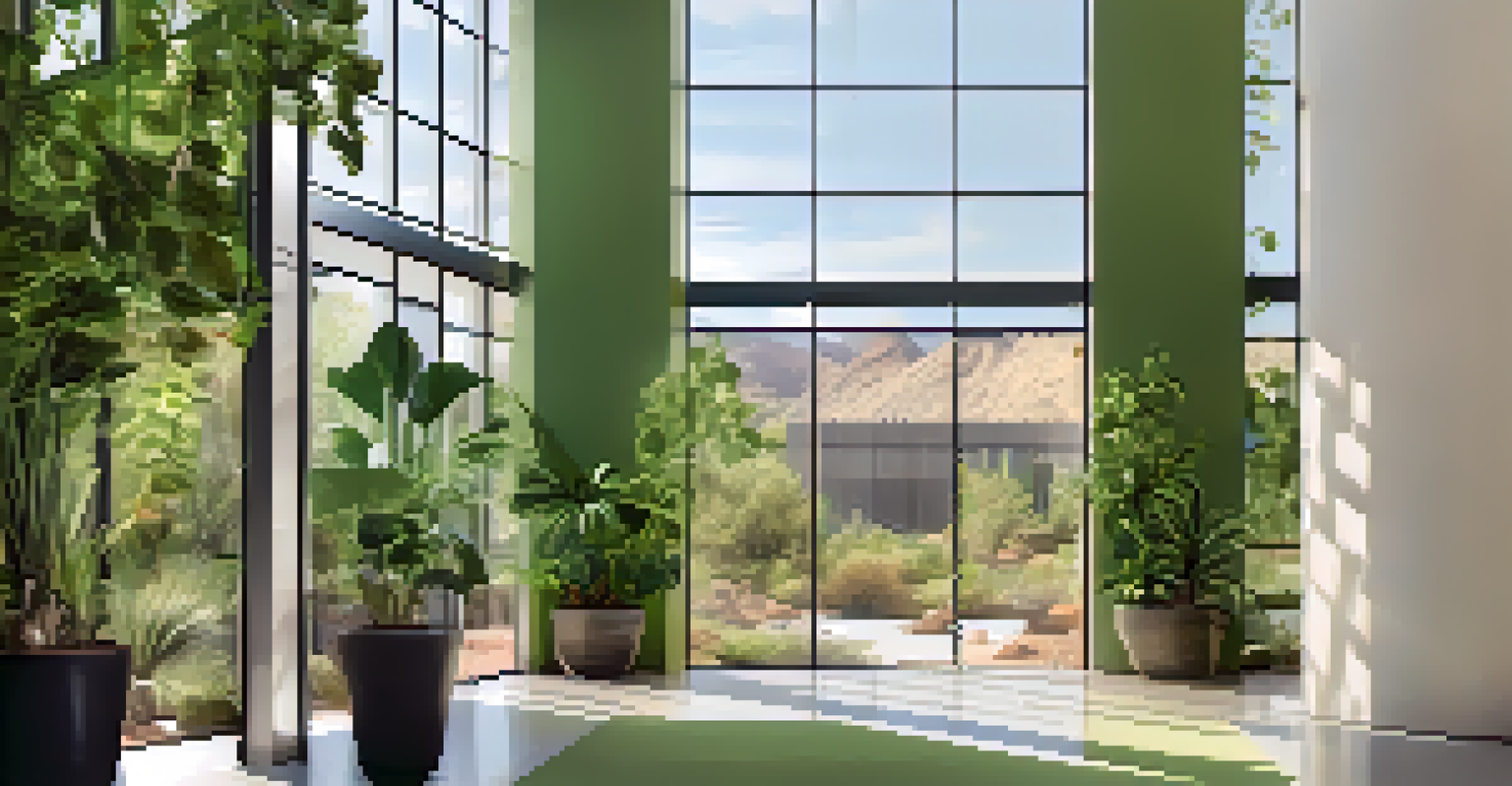 The interior of a modern green building in Tucson, featuring large windows, indoor plants, and sustainable materials, illuminated by natural light.