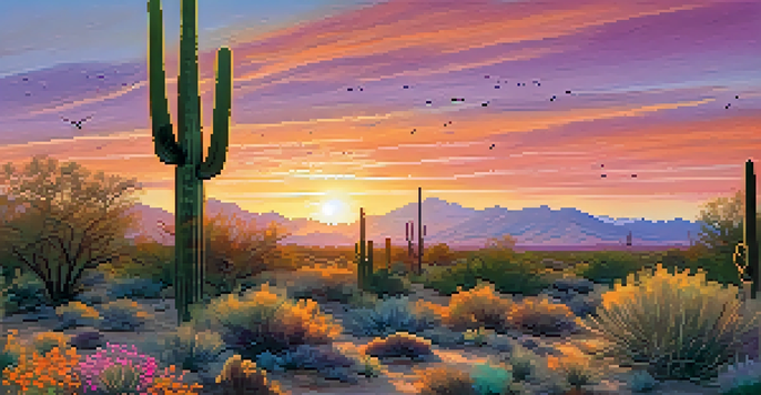 A peaceful sunrise at Saguaro National Park featuring silhouetted saguaro cacti and colorful skies.