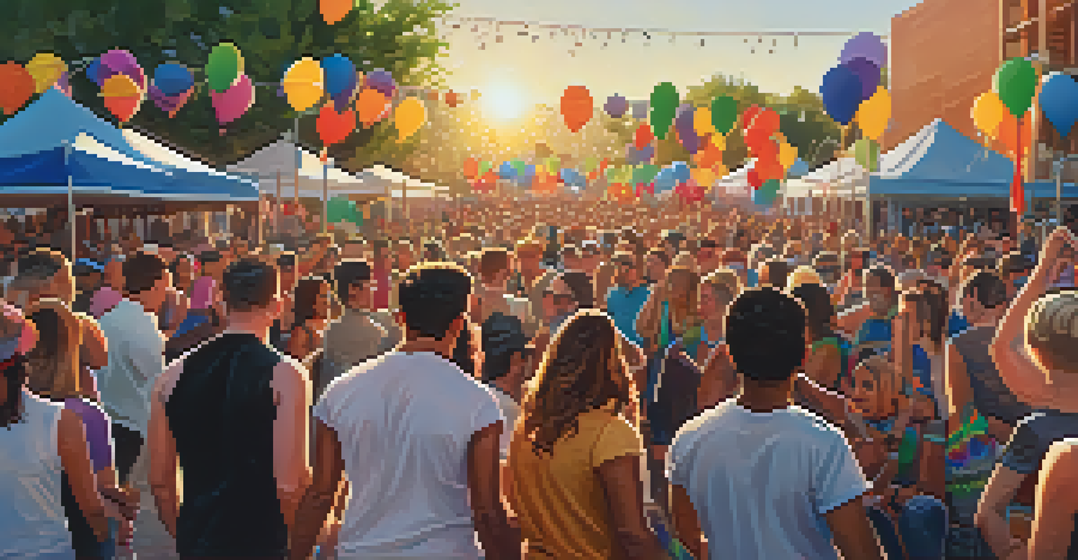An outdoor concert at a Tucson Pride festival with diverse musicians performing and a joyful crowd celebrating.