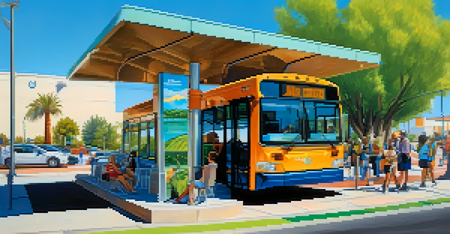 A bustling bus stop in Tucson with hybrid buses and diverse passengers under a clear blue sky.
