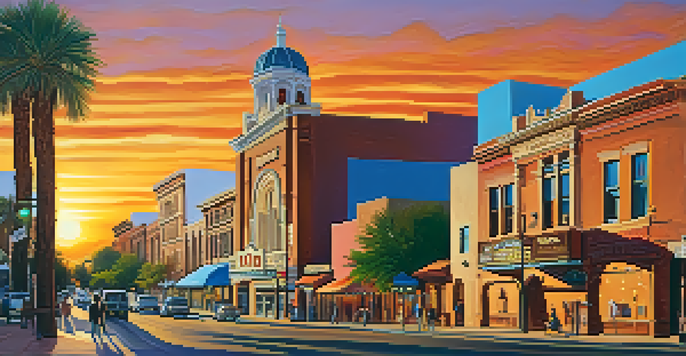 A picturesque view of Tucson's historic downtown with historic buildings and modern shops during sunset.