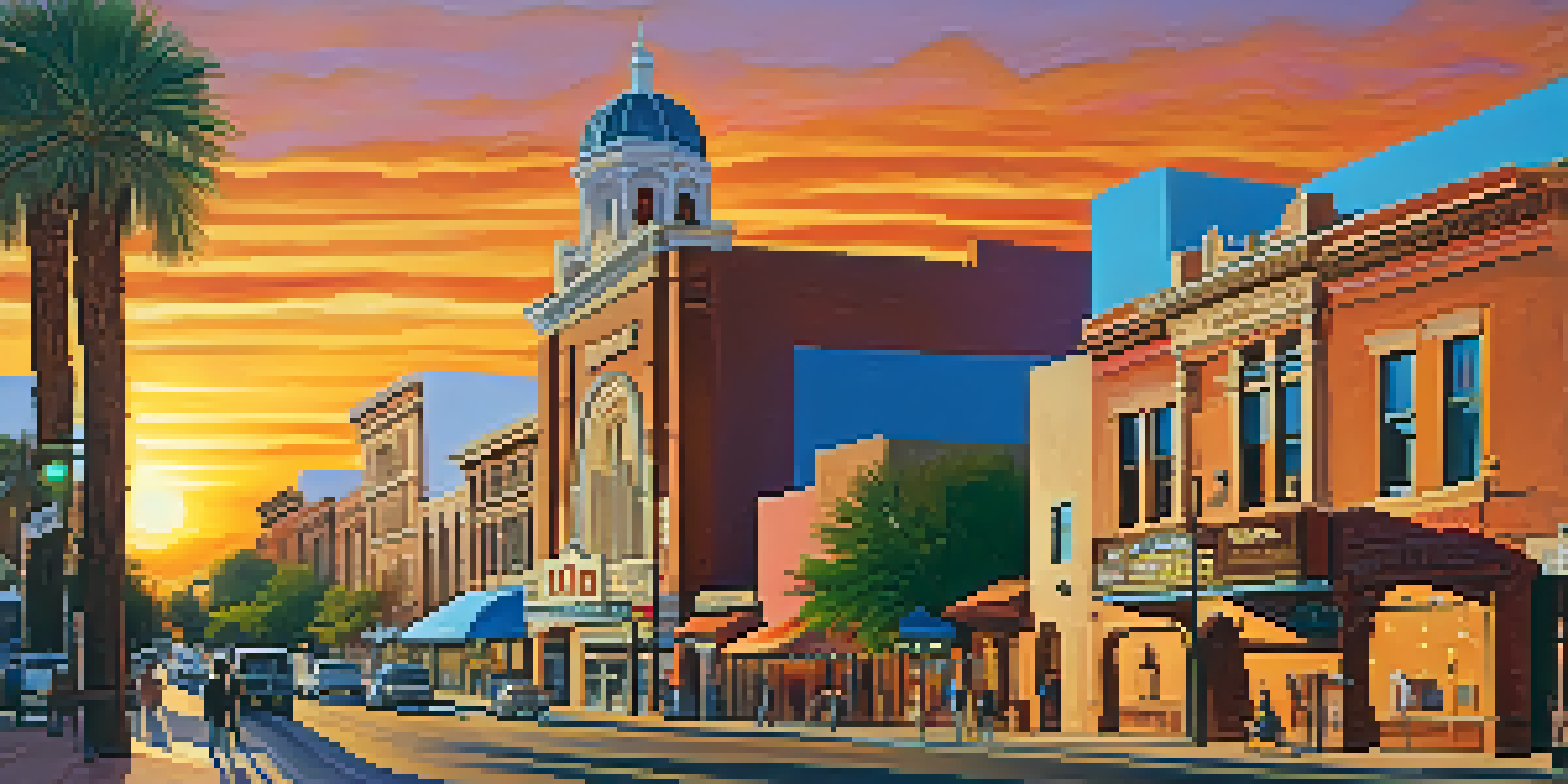 A picturesque view of Tucson's historic downtown with historic buildings and modern shops during sunset.
