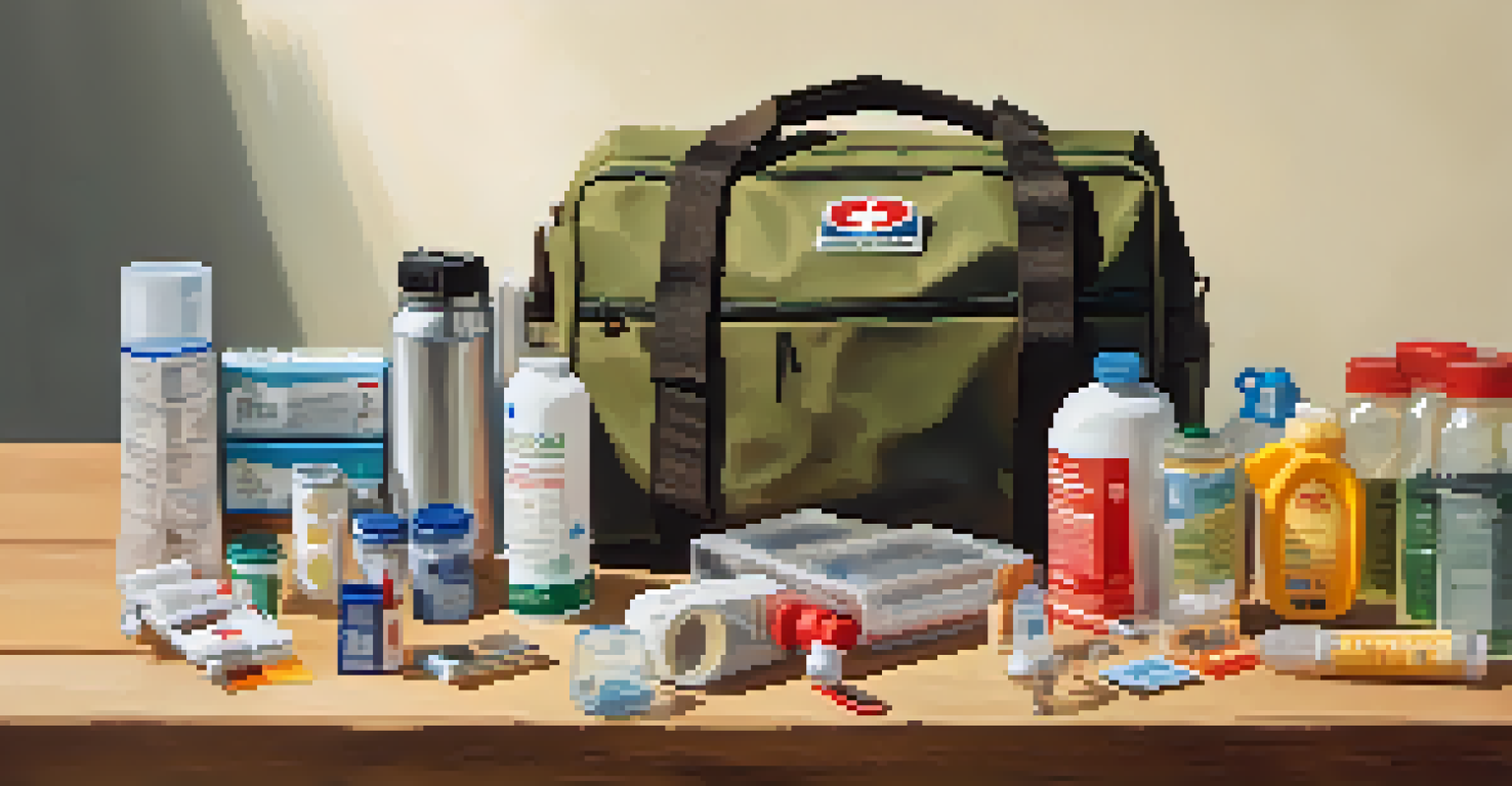 An emergency preparedness kit on a wooden table, displaying water, food, a first aid kit, and other essential supplies.