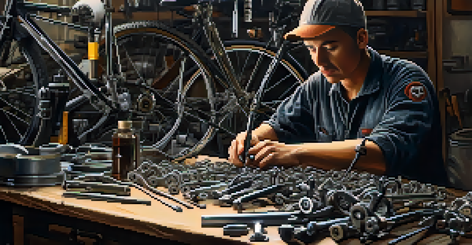 A mechanic repairing a bicycle in a workshop, focusing on gears and chains, emphasizing the attention to detail in bike maintenance.