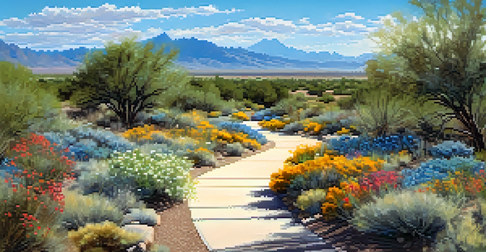 A wide pathway of Tucson's rail trail with cyclists and pedestrians, surrounded by native desert plants and mountains in the background.