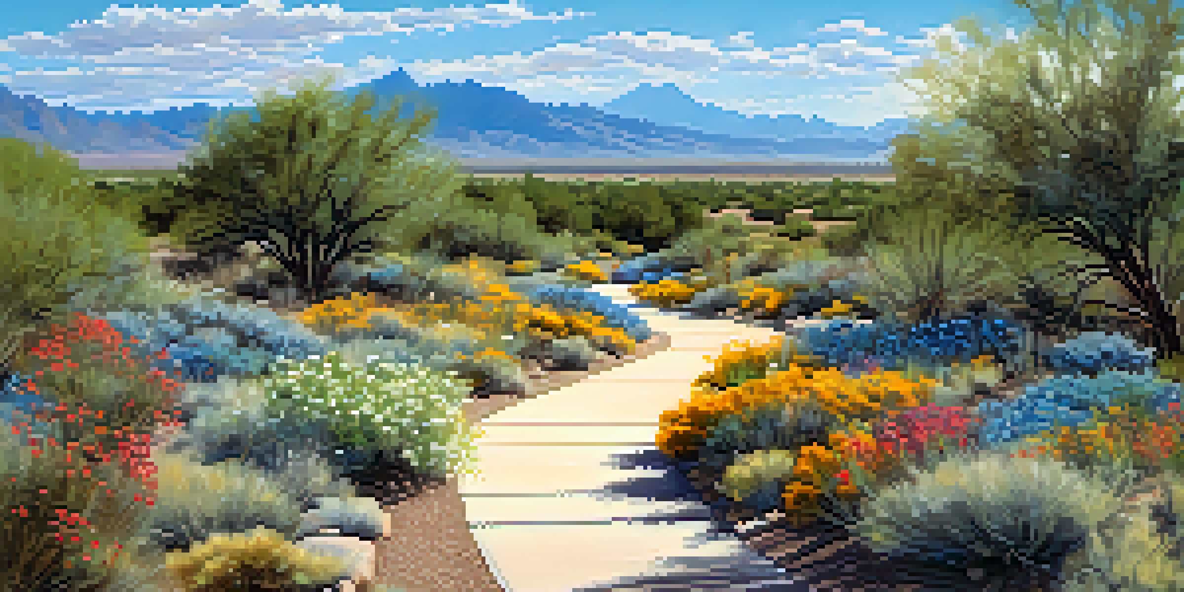 A wide pathway of Tucson's rail trail with cyclists and pedestrians, surrounded by native desert plants and mountains in the background.