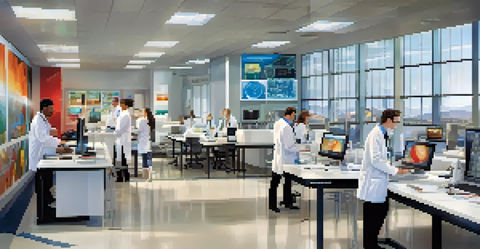 Researchers working in a sports medicine research facility, showcasing advanced equipment and collaborative learning.