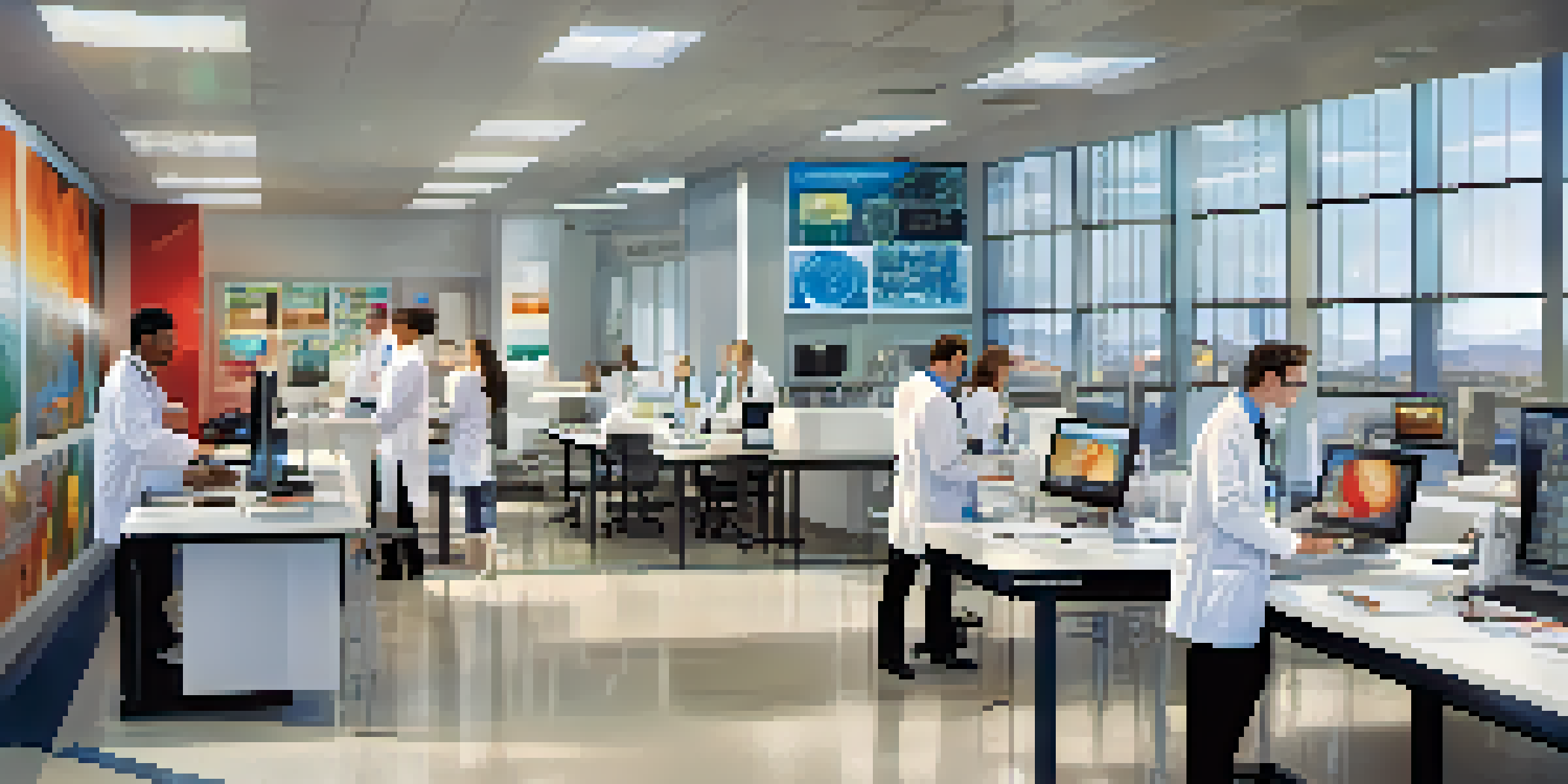Researchers working in a sports medicine research facility, showcasing advanced equipment and collaborative learning.