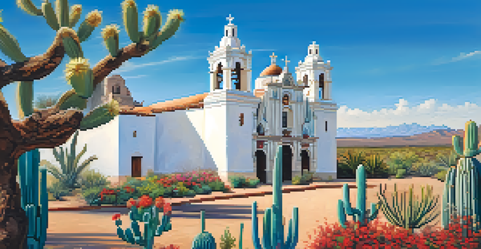 Mission San Xavier del Bac with intricate architecture and blooming desert plants in the foreground.