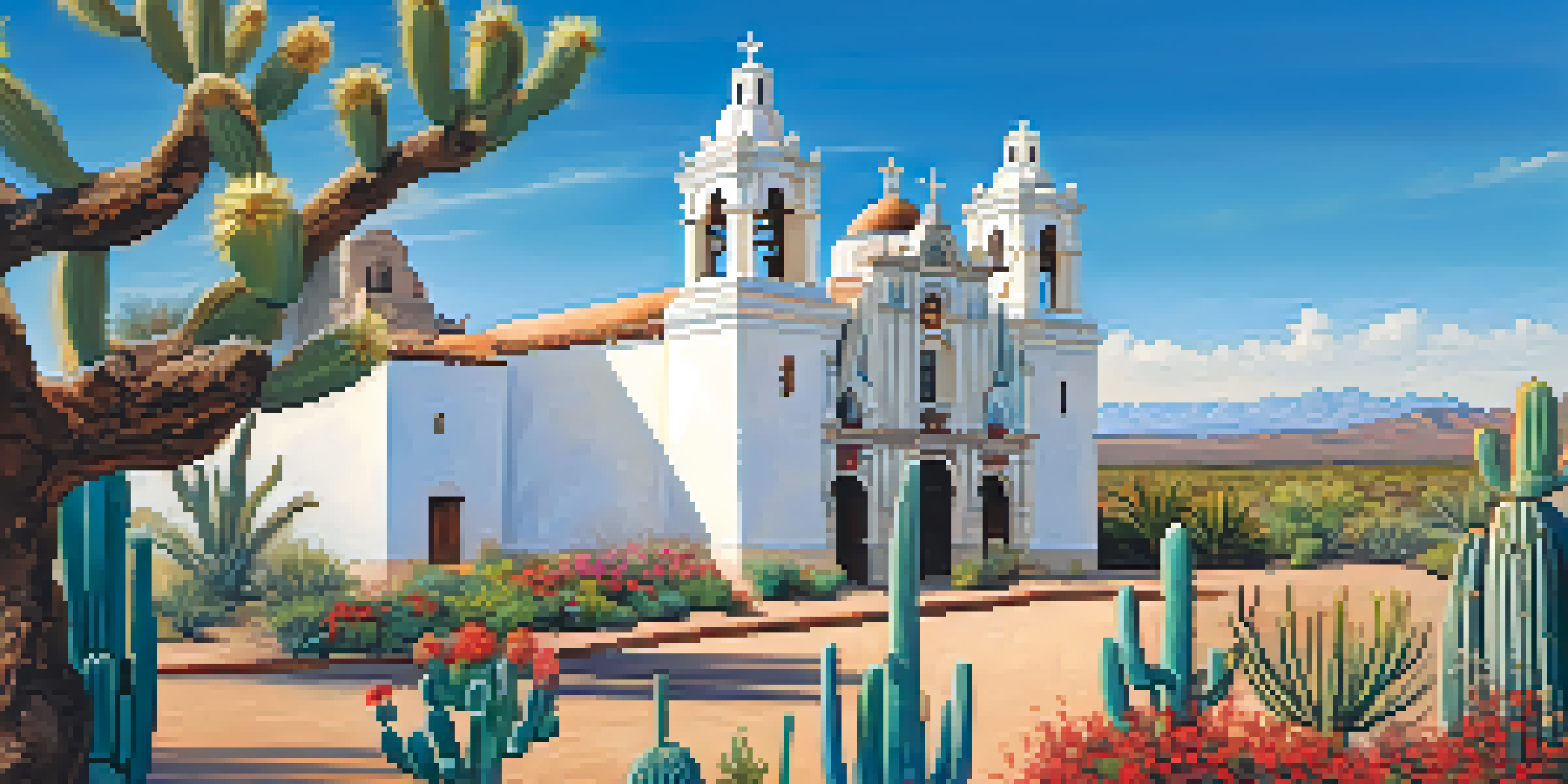 Mission San Xavier del Bac with intricate architecture and blooming desert plants in the foreground.