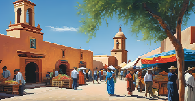 A bustling market in Tucson with colorful stalls, showcasing Spanish colonial architecture and Native American influences, with the San Xavier del Bac Mission in the background.