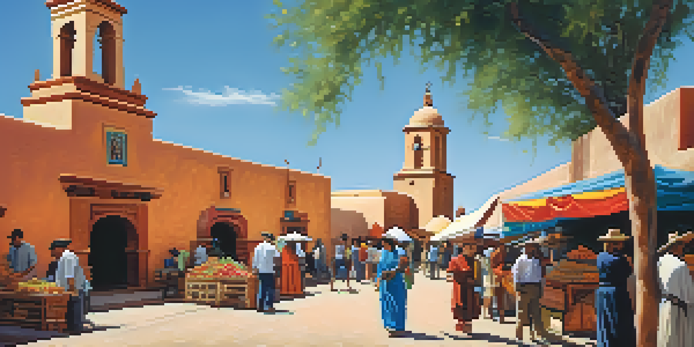 A bustling market in Tucson with colorful stalls, showcasing Spanish colonial architecture and Native American influences, with the San Xavier del Bac Mission in the background.