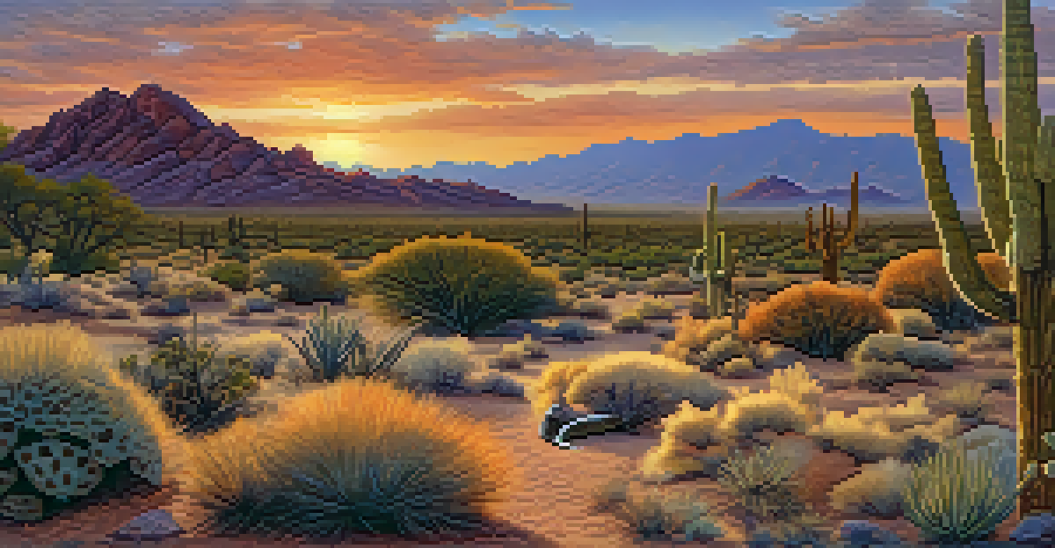 A desert landscape in Tucson at sunset with a desert fox and a Gila monster in their natural habitat.