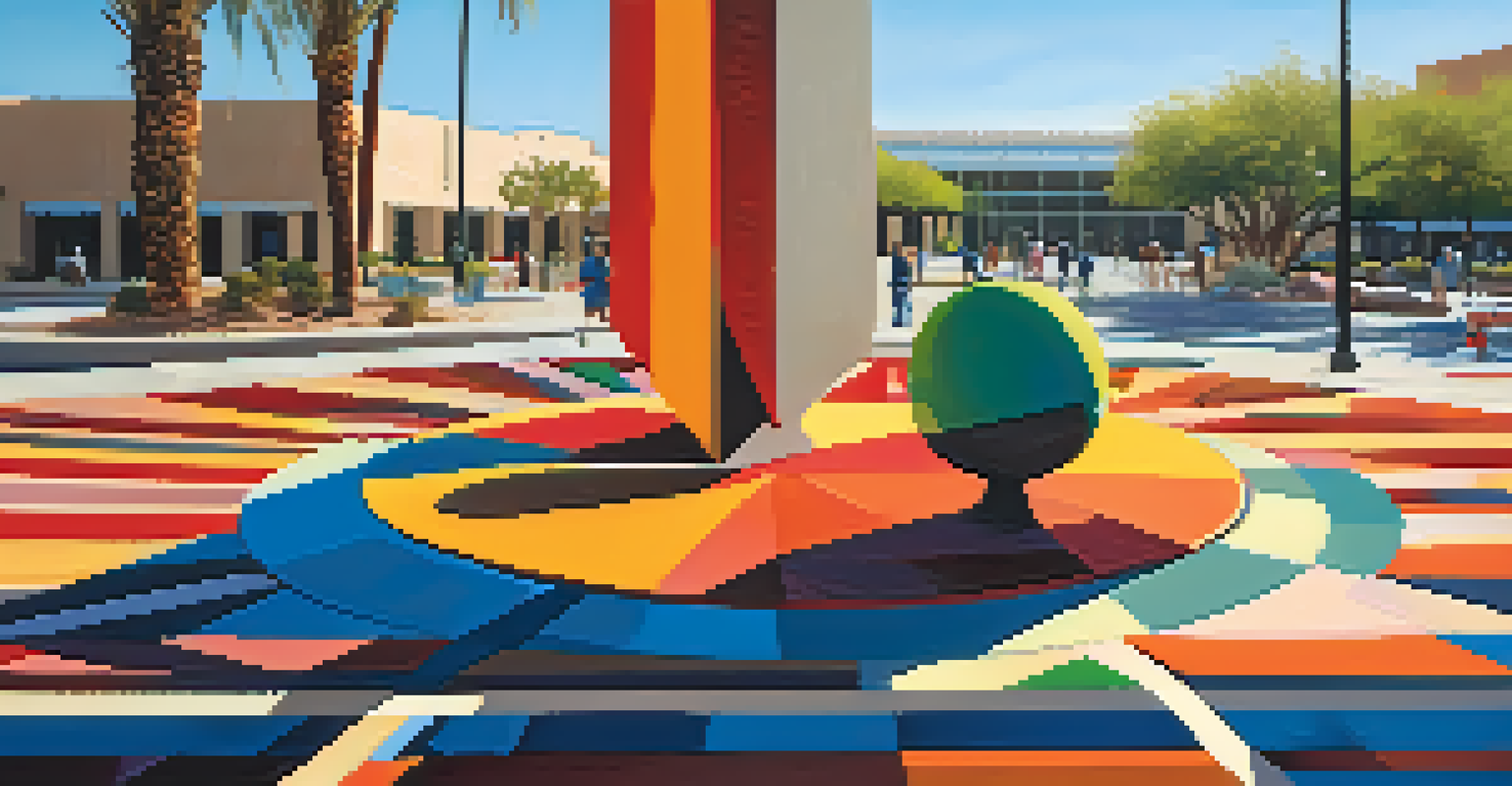 The 'Sun Dial' sculpture at the Tucson Convention Center, showcasing its bold design and colorful features with people around it.
