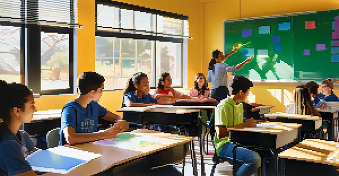 A lively classroom with students using digital tools, sunlight coming through windows, and colorful educational materials.