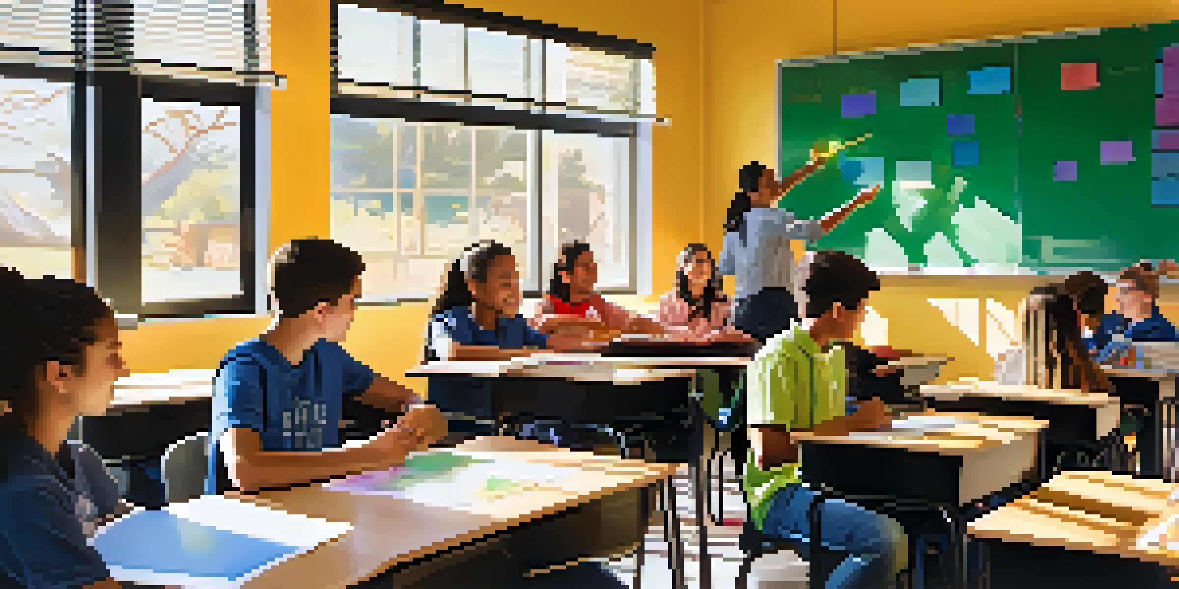 A lively classroom with students using digital tools, sunlight coming through windows, and colorful educational materials.