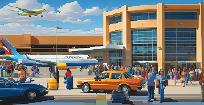 A busy Tucson International Airport terminal with travelers checking in and planes taxiing under a bright blue sky.