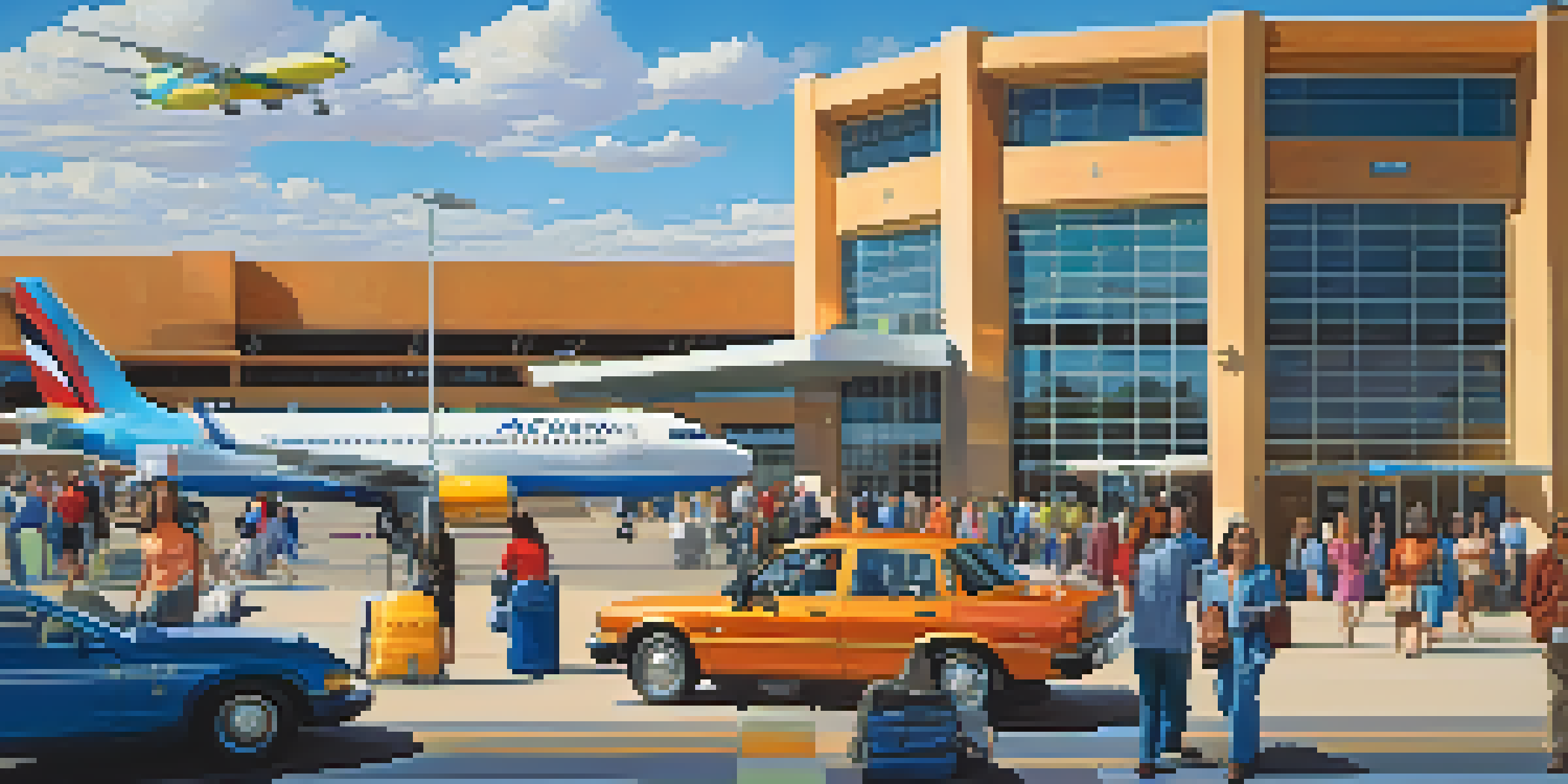 A busy Tucson International Airport terminal with travelers checking in and planes taxiing under a bright blue sky.