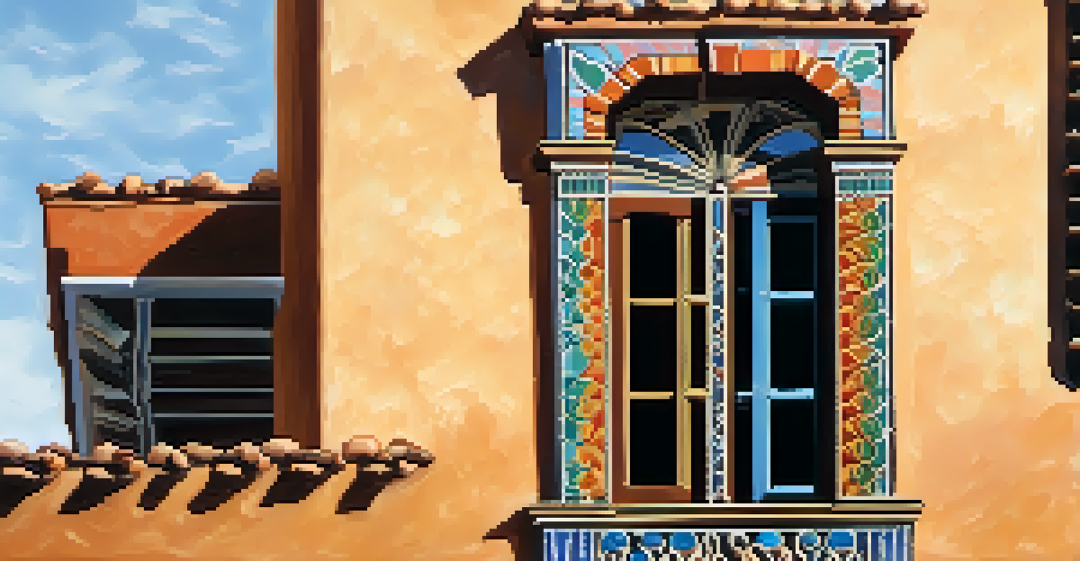 A close-up of a wrought-iron window frame and colorful tiles on a Spanish colonial building in Tucson.