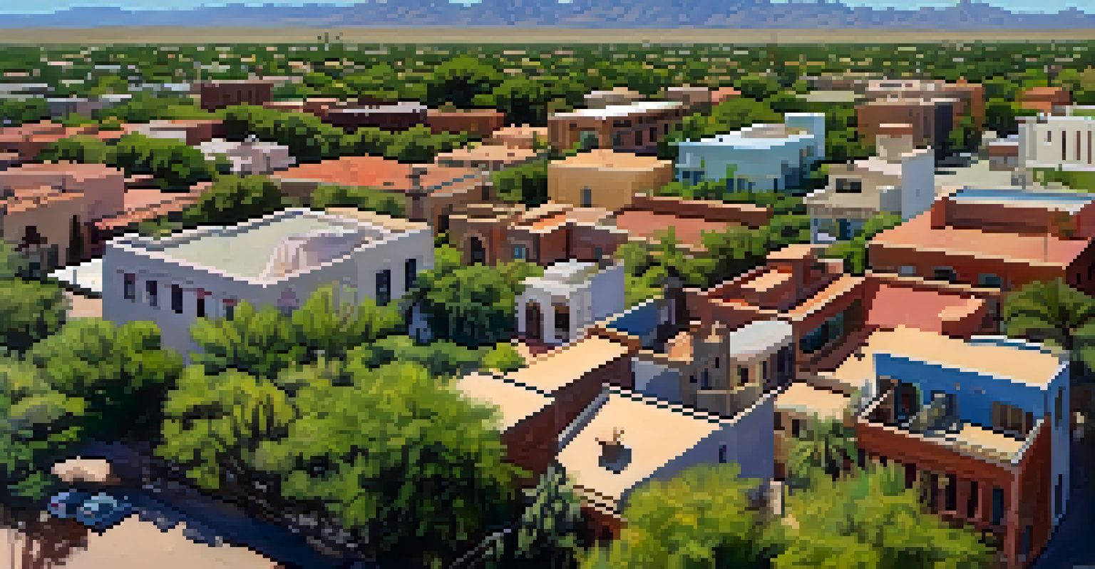 Aerial perspective of a historic district in Tucson, displaying preserved buildings amidst greenery and a clear sky, illustrating the blend of history and modernity.