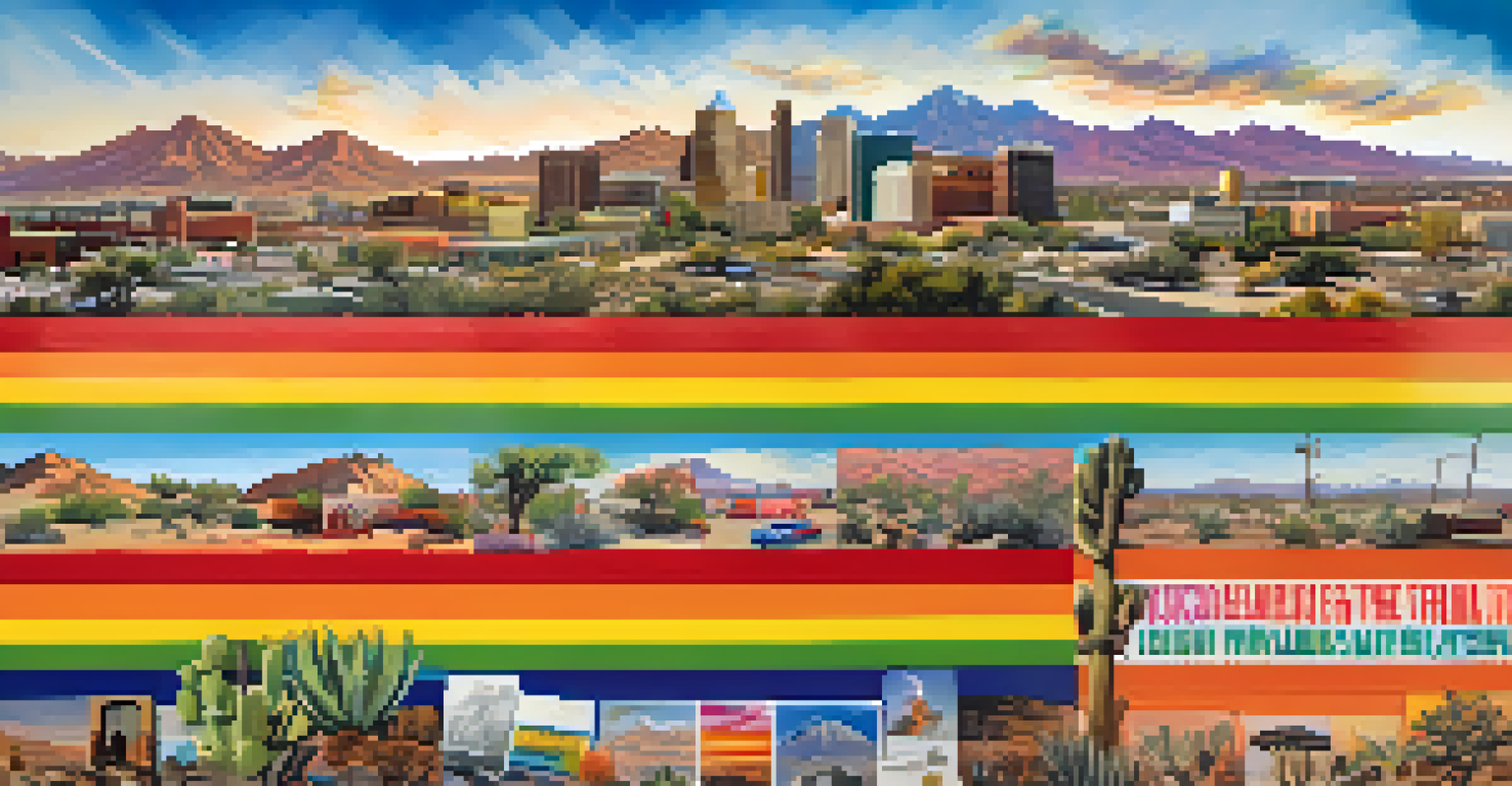 A colorful collage showcasing historical milestones in Tucson's LGBTQ+ community, with images of pride events and advocacy meetings.