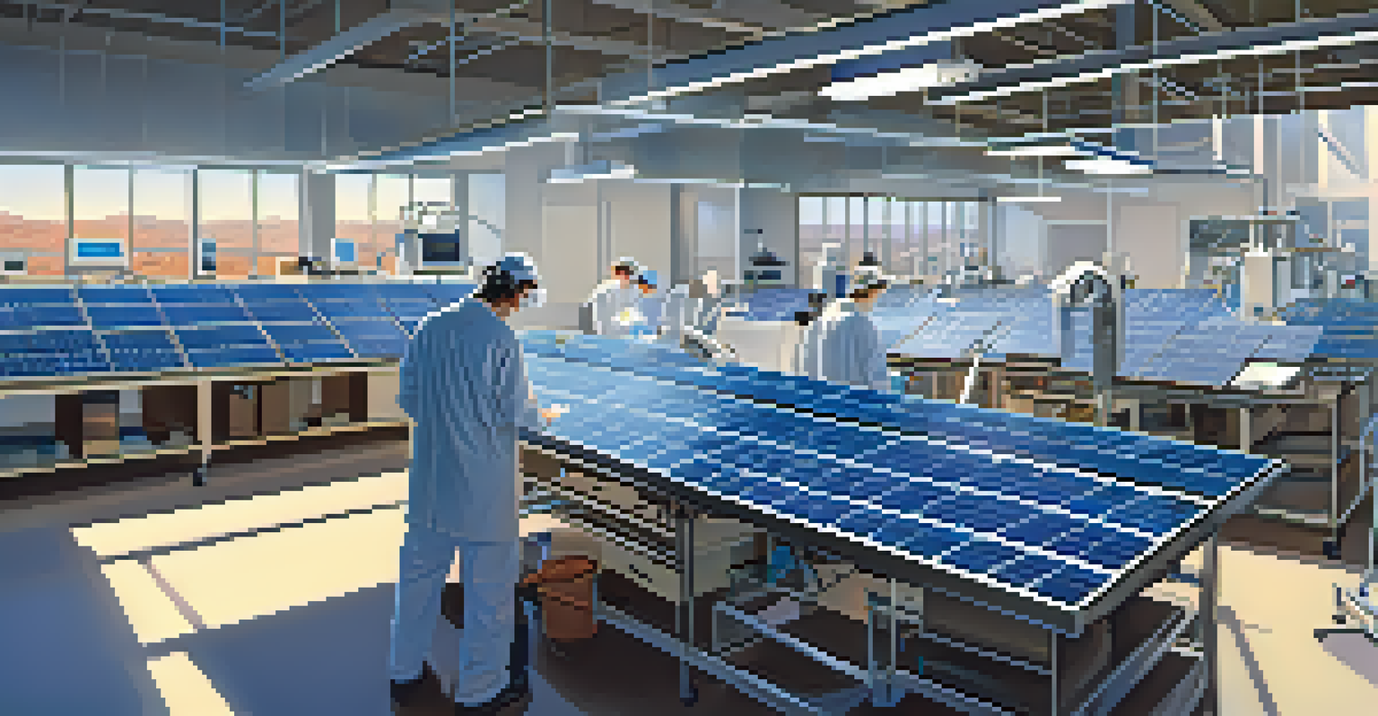A research lab with scientists working on solar technology, showcasing advanced solar panels and equipment.