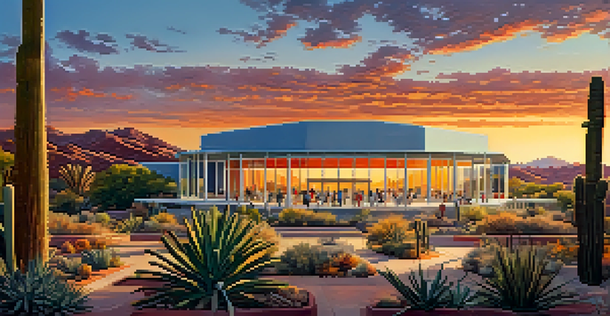 A view of the University of Arizona campus at sunset, featuring students and modern architecture amidst desert plants.