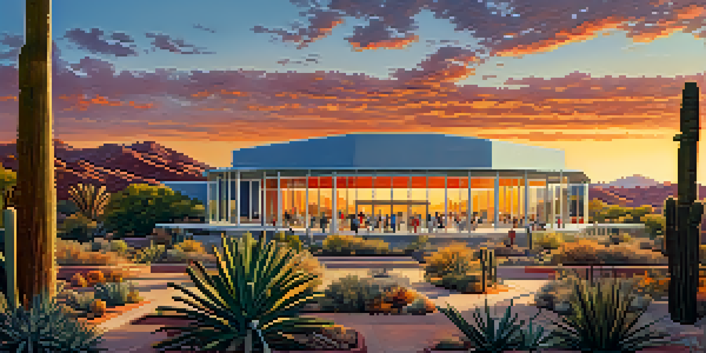 A view of the University of Arizona campus at sunset, featuring students and modern architecture amidst desert plants.