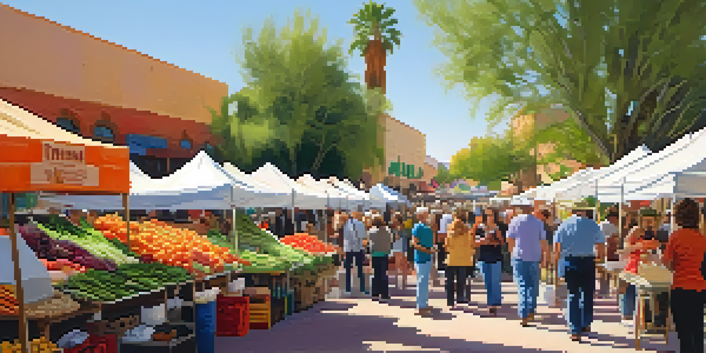 A lively farmers' market in Tucson with colorful stalls, fresh produce, and people interacting in a sunny atmosphere.