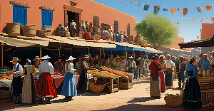 A lively 18th-century Tucson marketplace with traders exchanging goods, colorful fabrics, and adobe buildings under a blue sky.