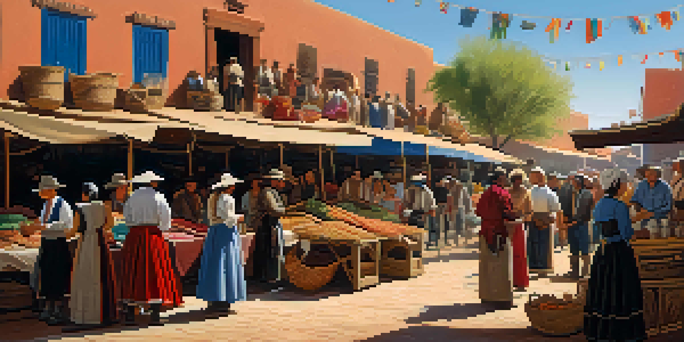 A lively 18th-century Tucson marketplace with traders exchanging goods, colorful fabrics, and adobe buildings under a blue sky.