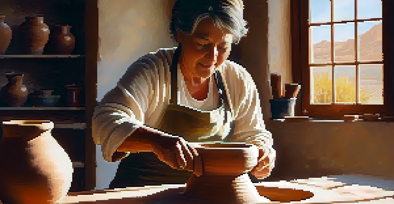 An artist shaping clay on a pottery wheel in a bright studio.