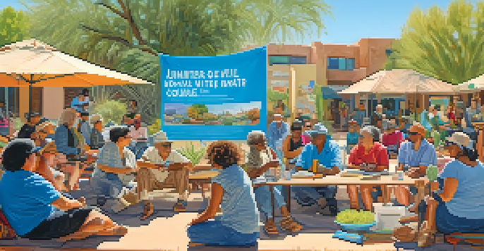 A community gathering in Tucson with diverse residents discussing water access, surrounded by cacti and colorful banners.