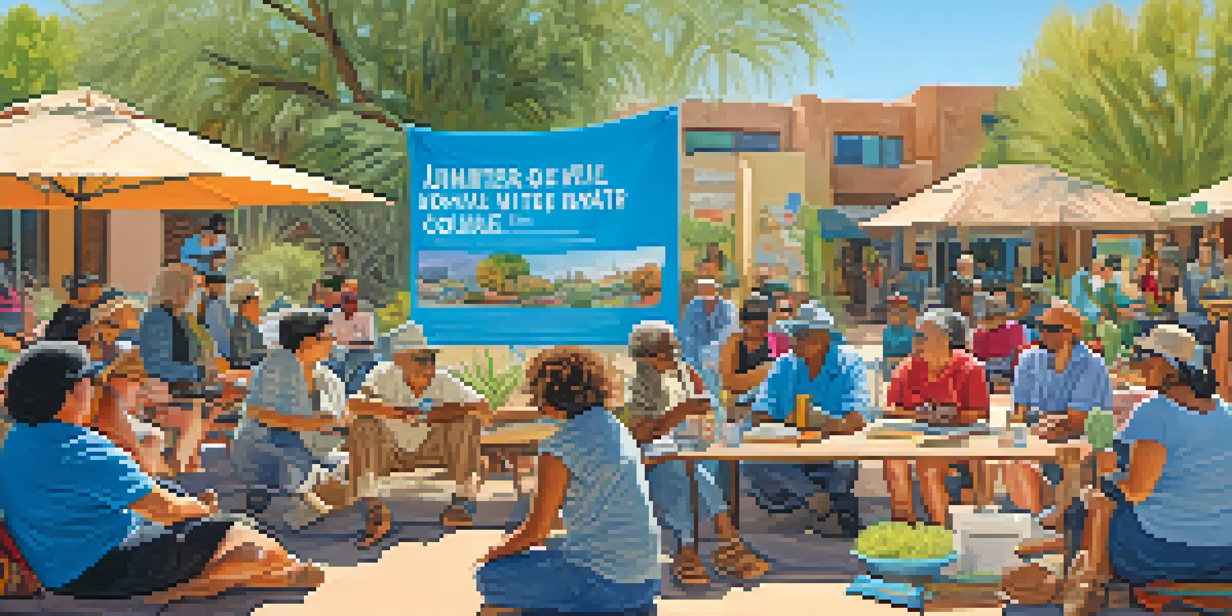A community gathering in Tucson with diverse residents discussing water access, surrounded by cacti and colorful banners.