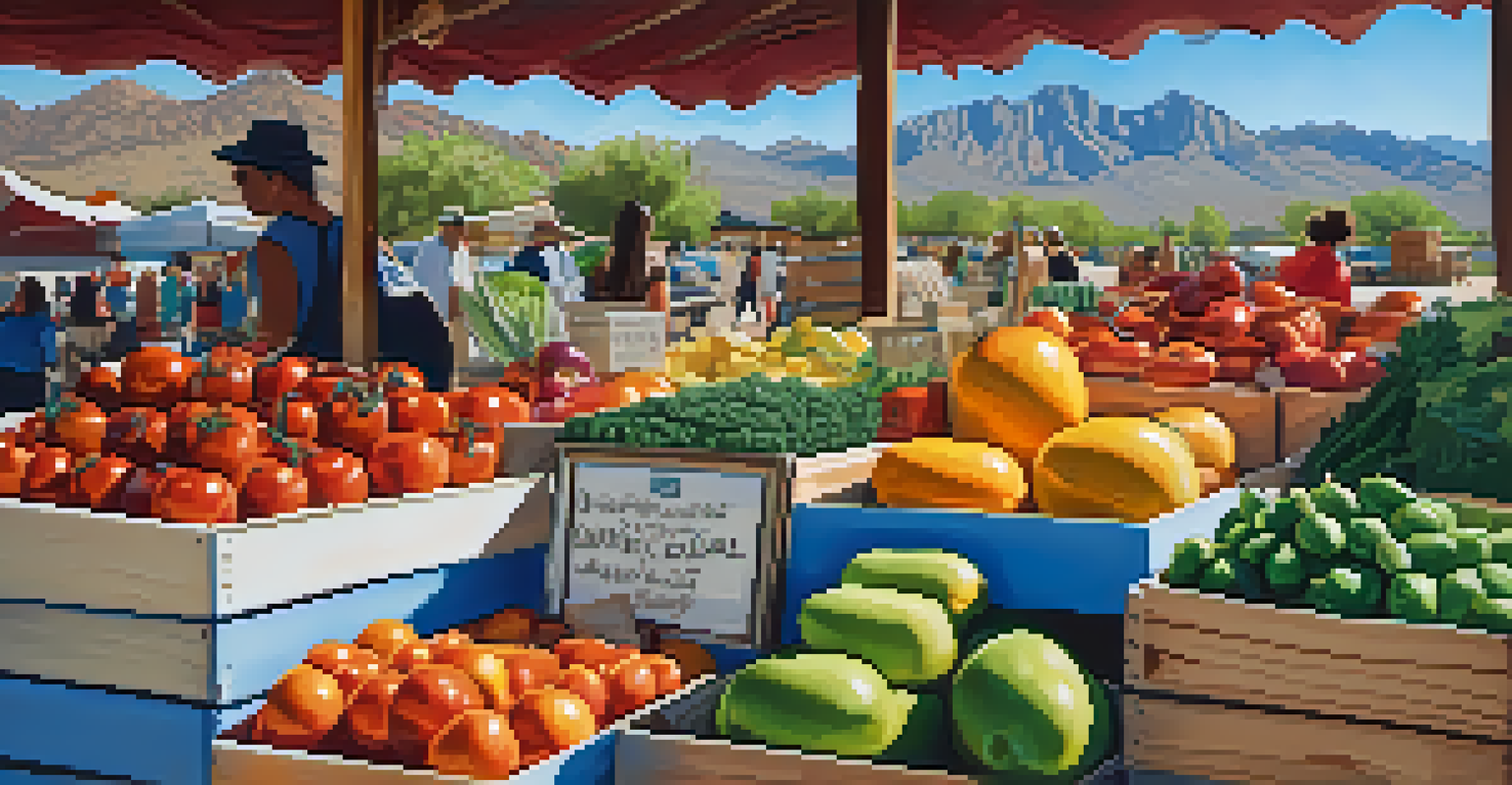 A close-up of a vendor's stall at the Oro Valley Farmers' Market with organic fruits and vegetables, rustic wooden crates, and a mountain backdrop.