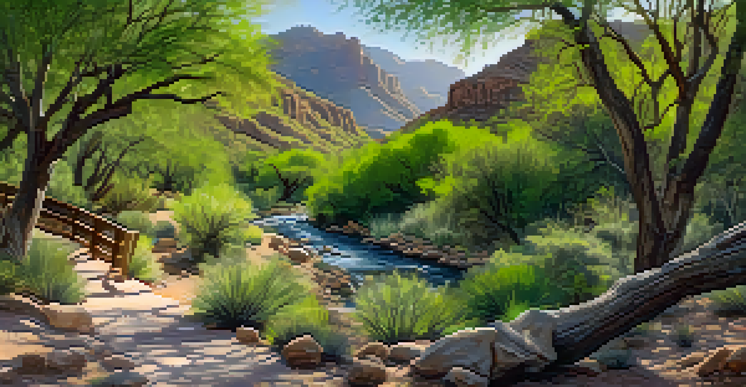 A scenic trail in Sabino Canyon with a creek and historical signs surrounded by greenery.