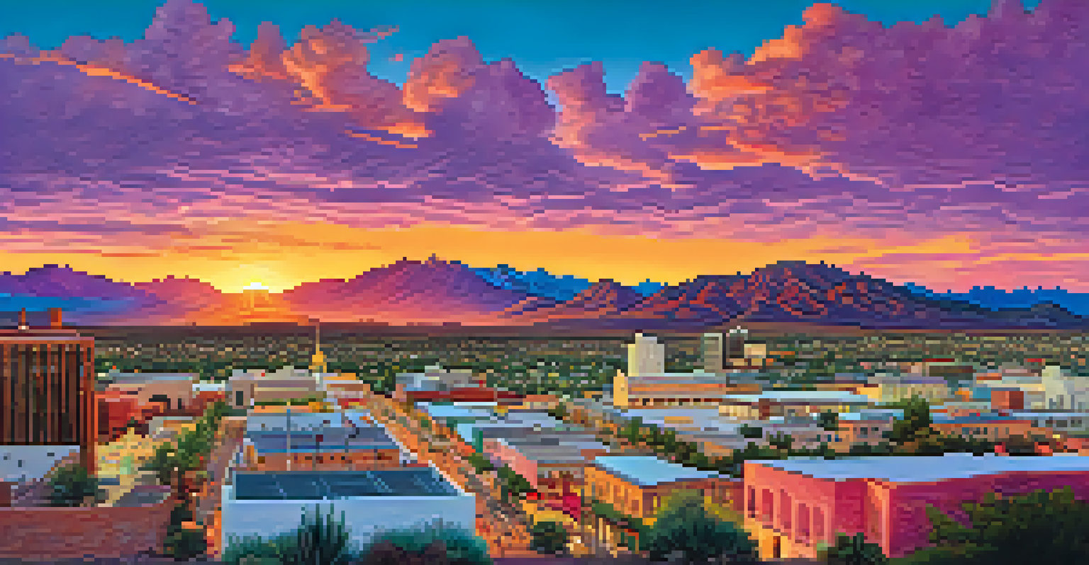A sunset view of Tucson's skyline with mountains in the background, featuring a cultural festival in the foreground with music and dance.