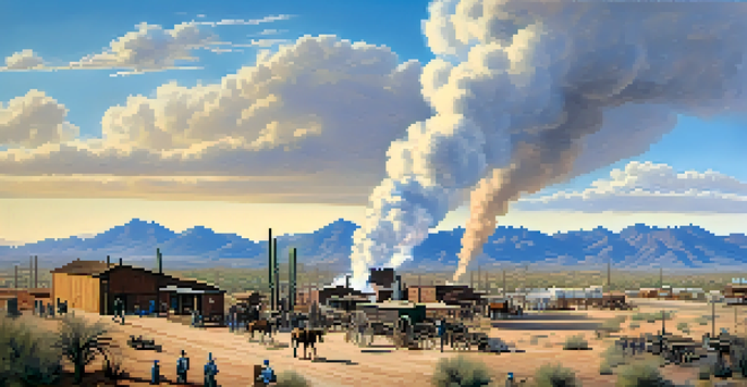 A historical depiction of Tucson's mining town in the 19th century, with miners, wooden buildings, and mountains in the background.