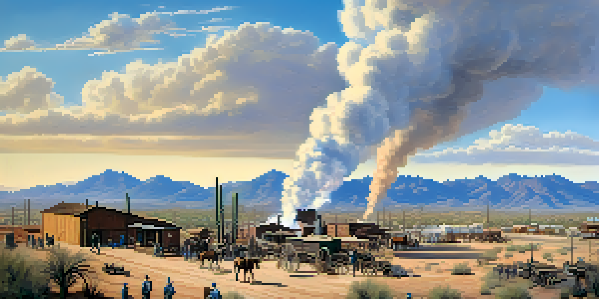 A historical depiction of Tucson's mining town in the 19th century, with miners, wooden buildings, and mountains in the background.