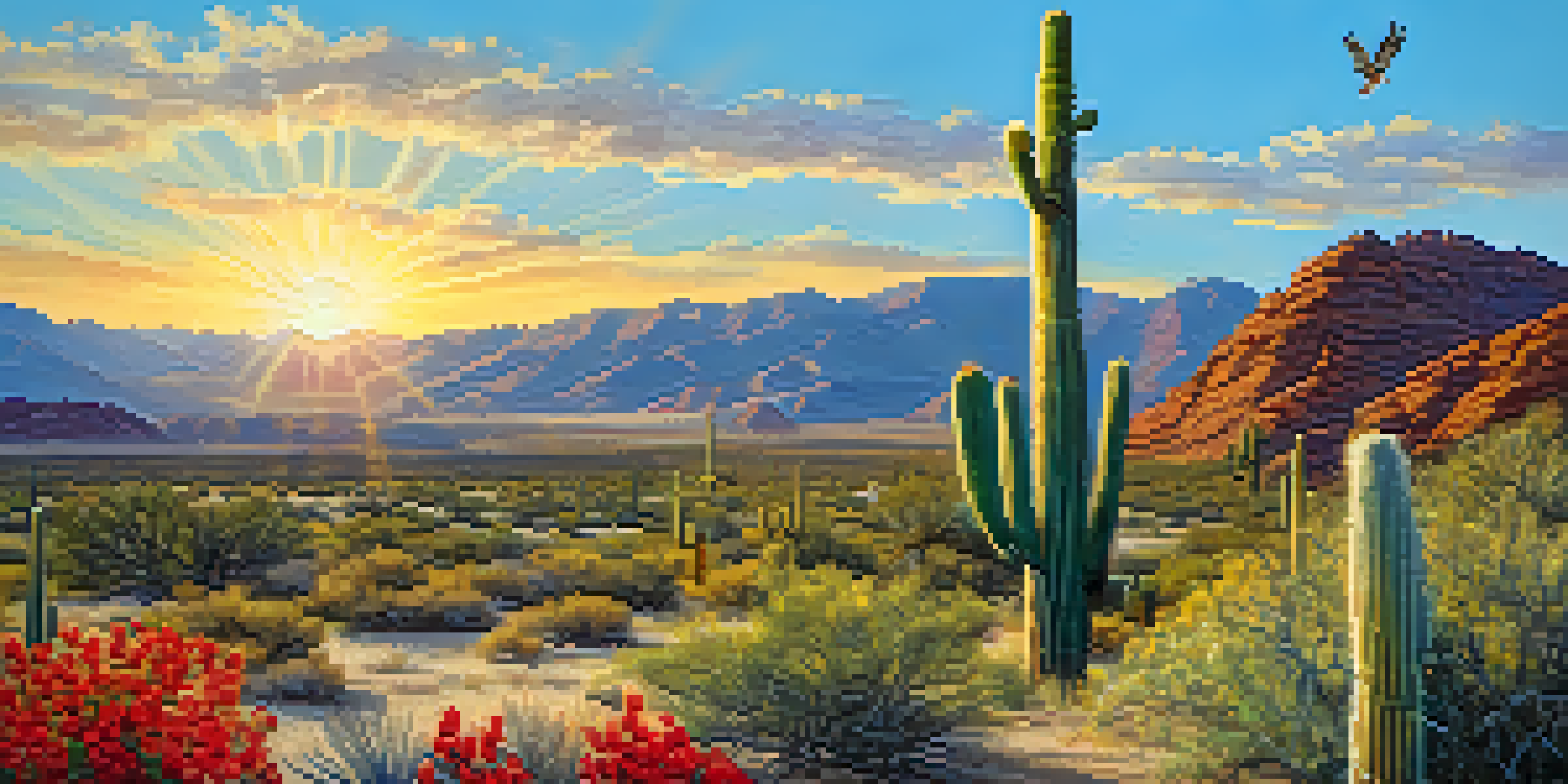 A tall Saguaro cactus under a clear blue sky with a Red-tailed Hawk flying above, surrounded by colorful wildflowers in the desert.