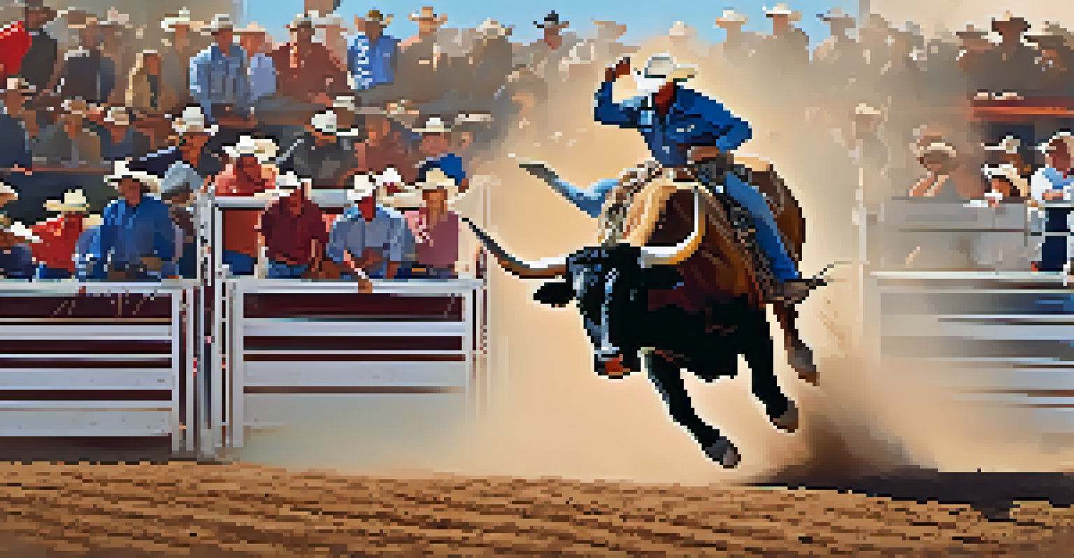 A cowboy bull rider in action, holding on tightly to a bucking bull with an excited crowd in the background.