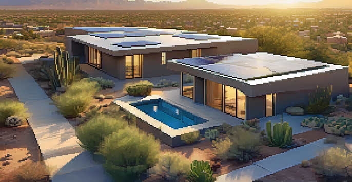 Aerial view of sustainable buildings in Tucson with solar panels and green roofs surrounded by desert landscape.