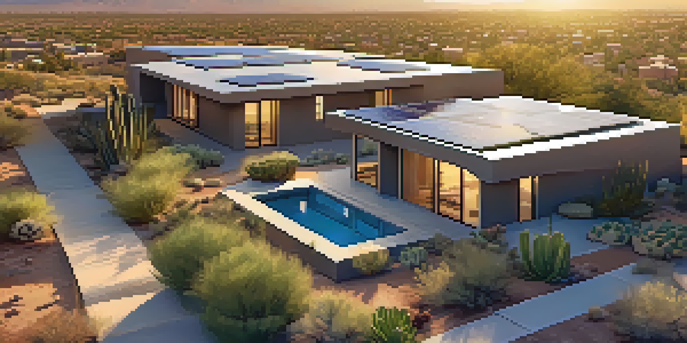 Aerial view of sustainable buildings in Tucson with solar panels and green roofs surrounded by desert landscape.