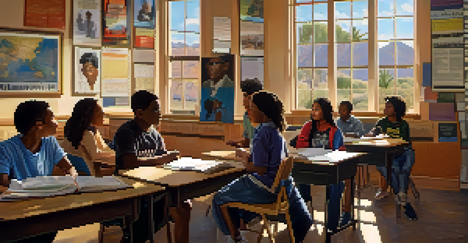 A diverse group of students in a classroom discussing civil rights, with educational posters on the walls and natural light coming in from the windows.