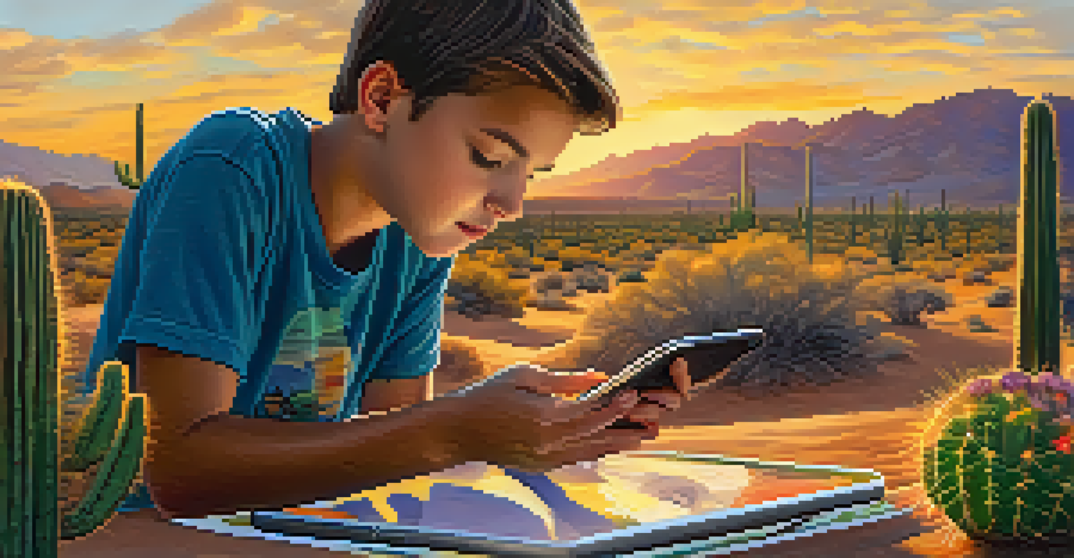 A young person using a mobile app to learn about local wildlife in a beautiful desert setting during sunset.