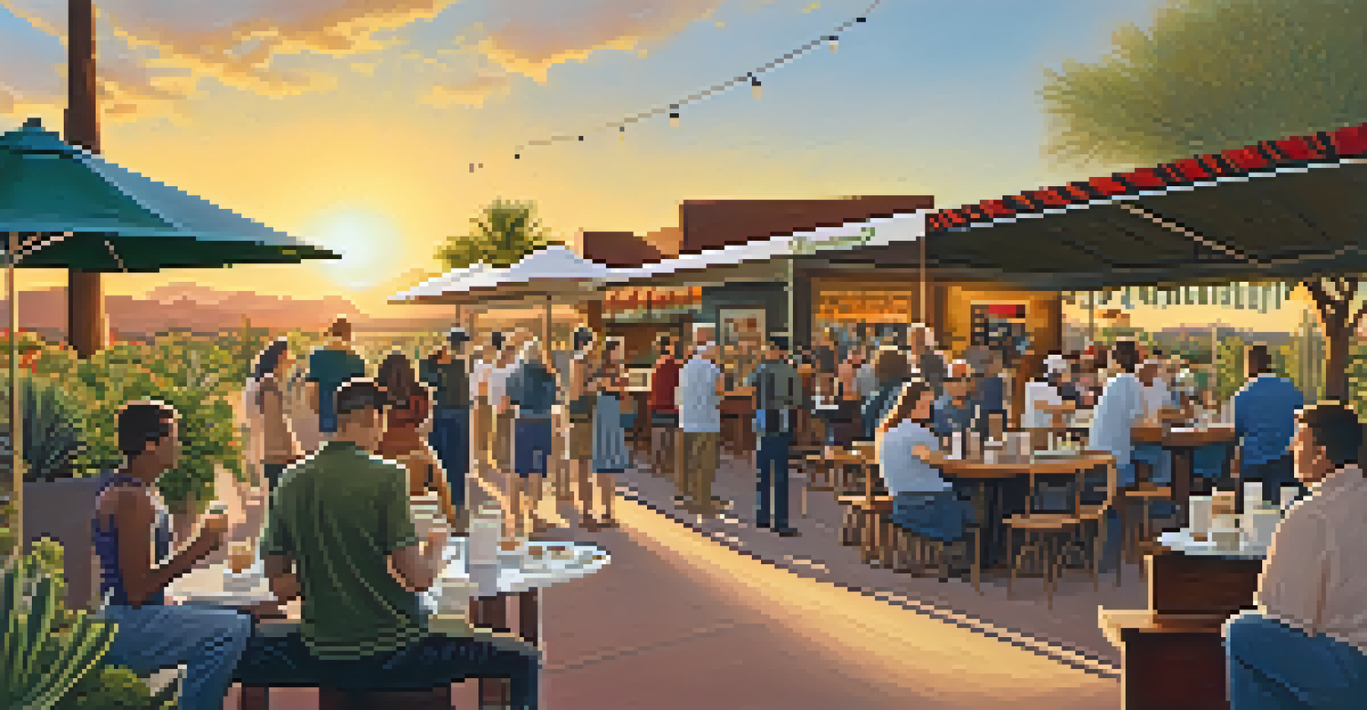 Outdoor coffee tasting event with diverse participants sampling artisan coffee, surrounded by colorful banners and local plants.