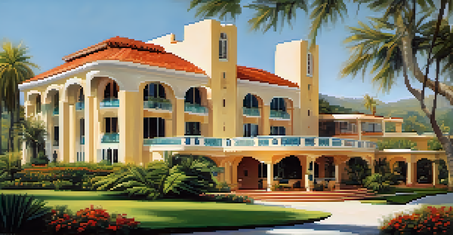 The El Conquistador Hotel in Tucson, presenting its elegant Art Deco architecture amidst a lush garden setting.