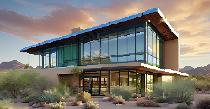 A sustainable building in Tucson with solar panels, large windows, and native plants in the landscape.